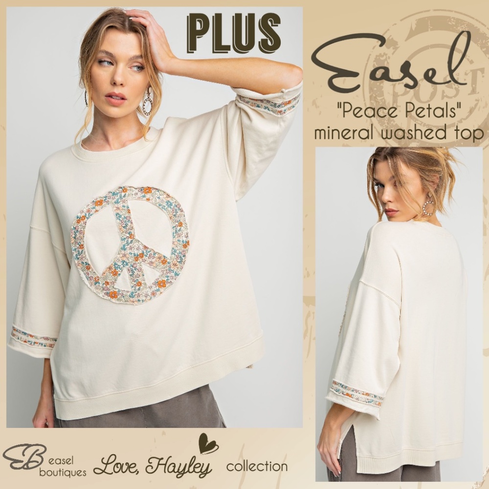 EASEL "Peace Petals" Mineral Washed Cotton Side Slits Peace Sign Patch Raw Seams